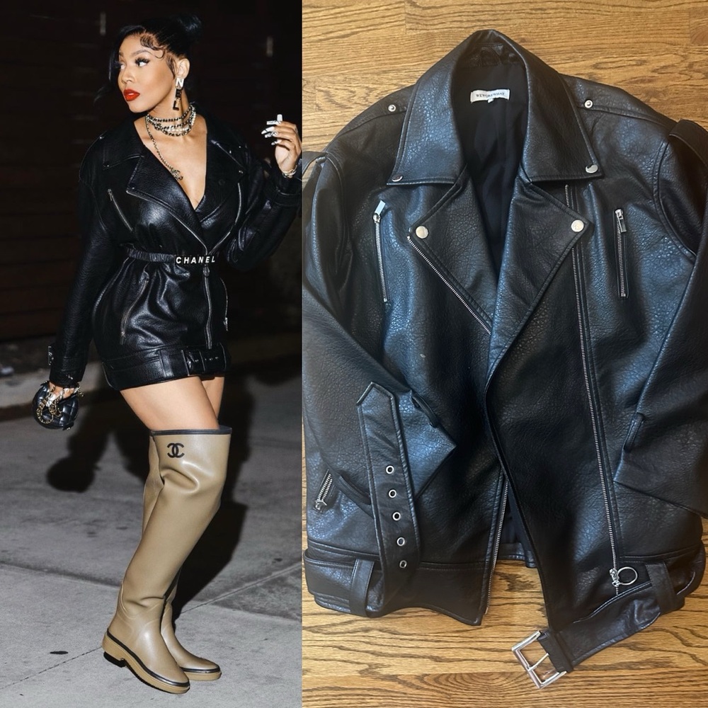 Oversized faux leather jacket can be worn as dress